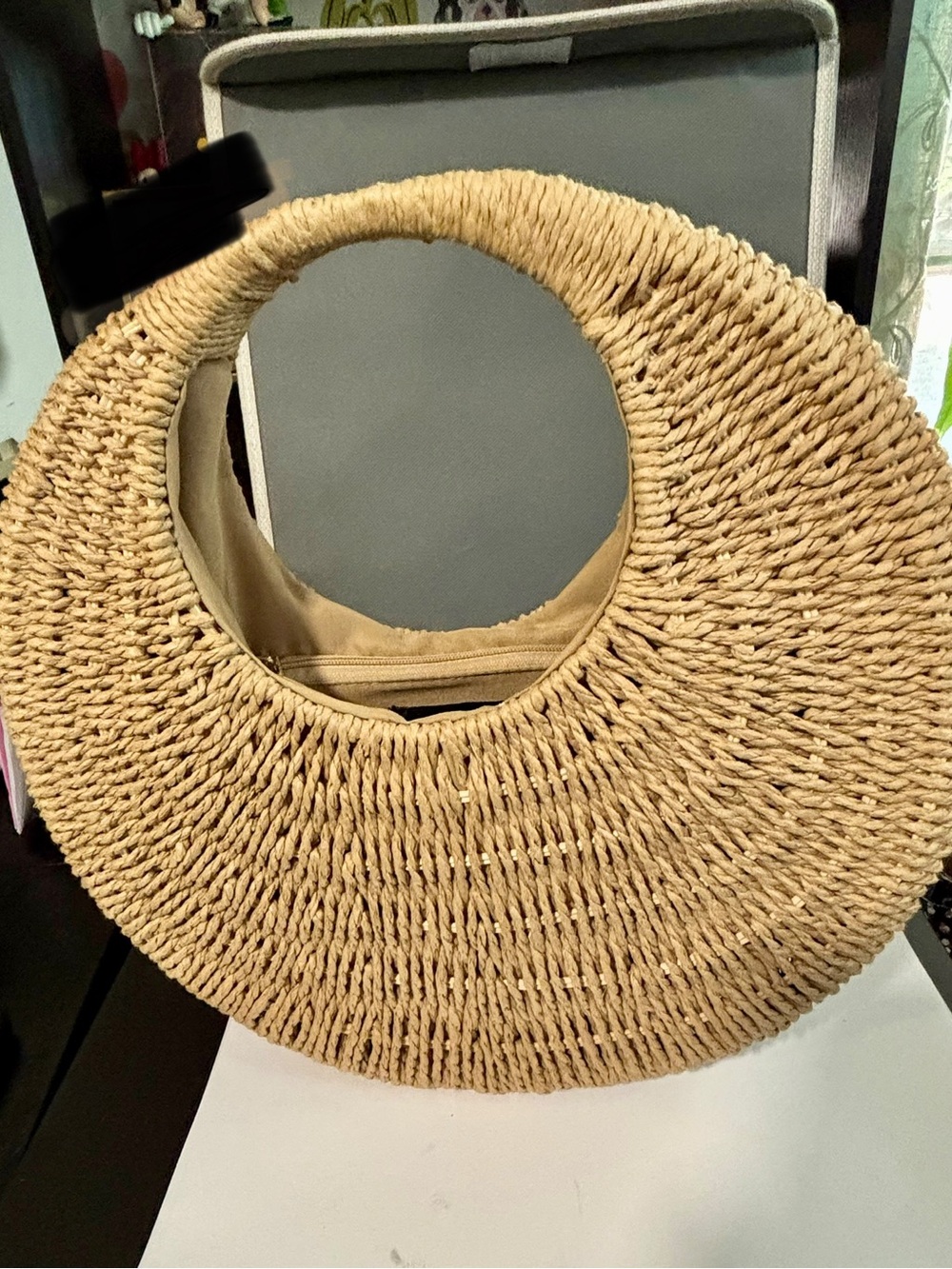 Madison West Round Woven Straw Tote in Natural Tan